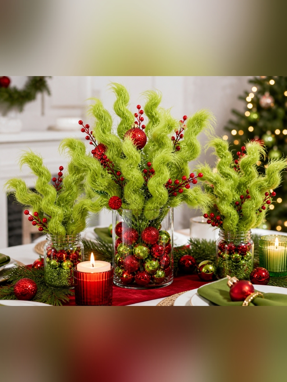 20 Pc Lime Green Furry Christmas Tree Picks Curly Grinch Style Holiday Decor Ste